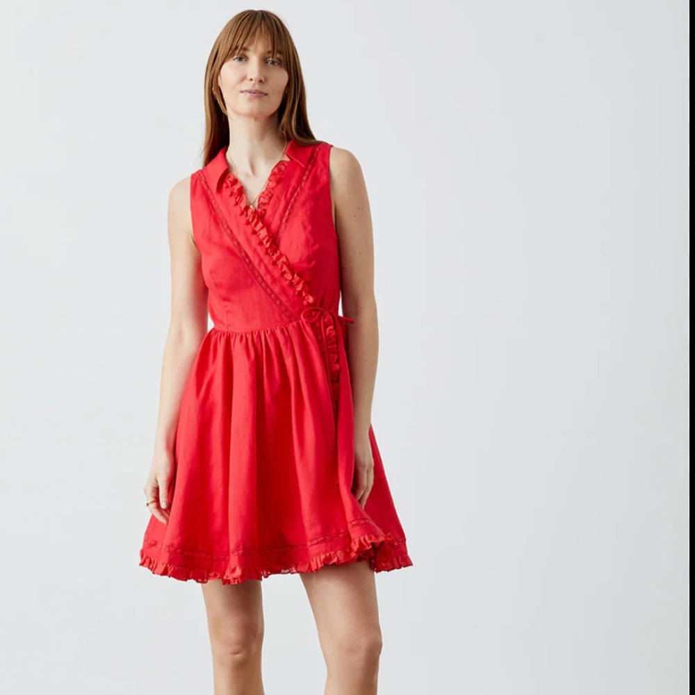 NWT Joslin Amelia Red Linen Wrap Minidress 12 L